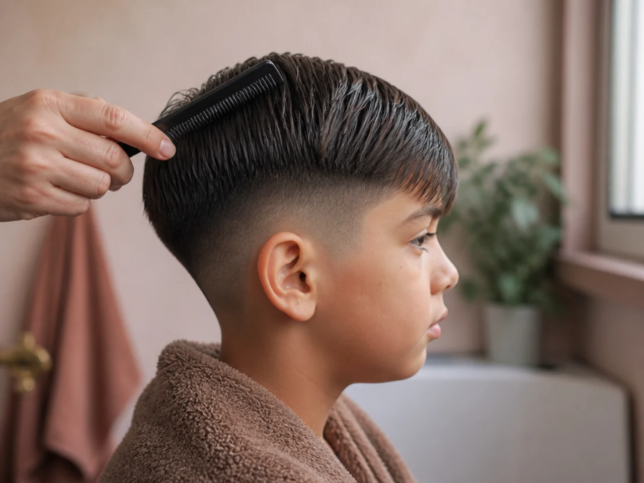 Damp hair being combed forward on a boy after a bath
