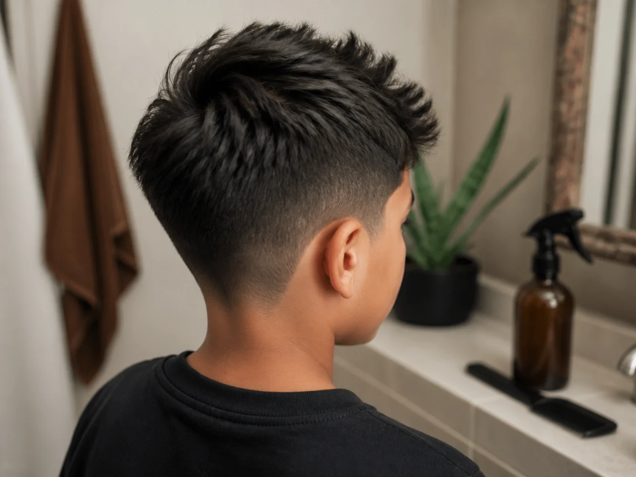 A spray bottle of water beside a comb on a bathroom shelf