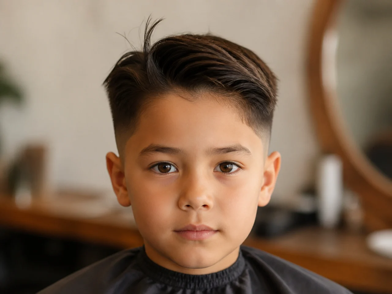 A cowlick lifting at the front of a boys hairline