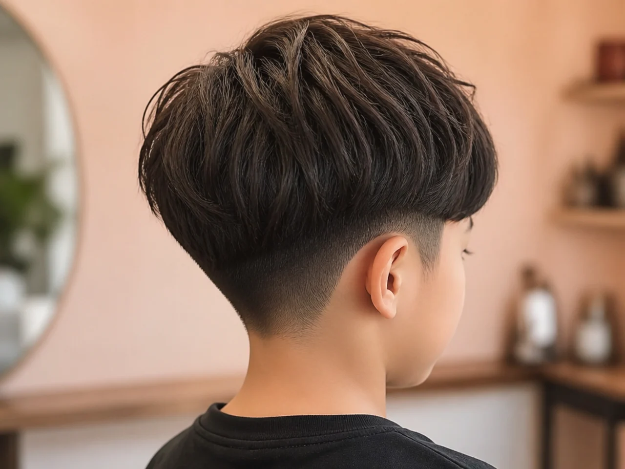 A two block haircut on a boy with a heavy top