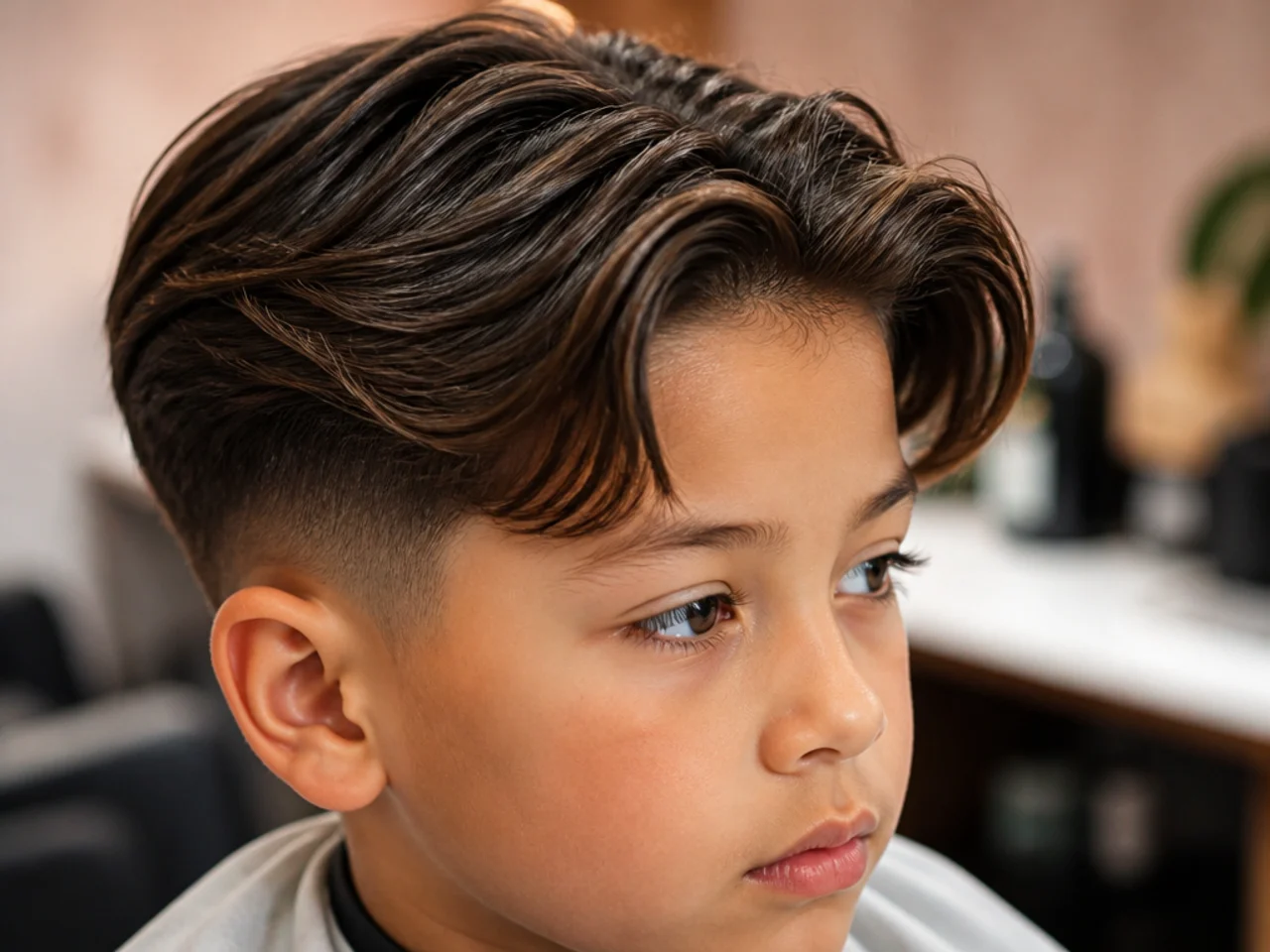 A boy with curtains parted at the front