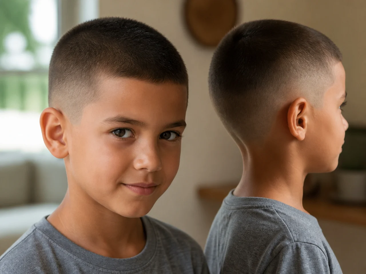 A boy with a buzz cut during the summer holidays