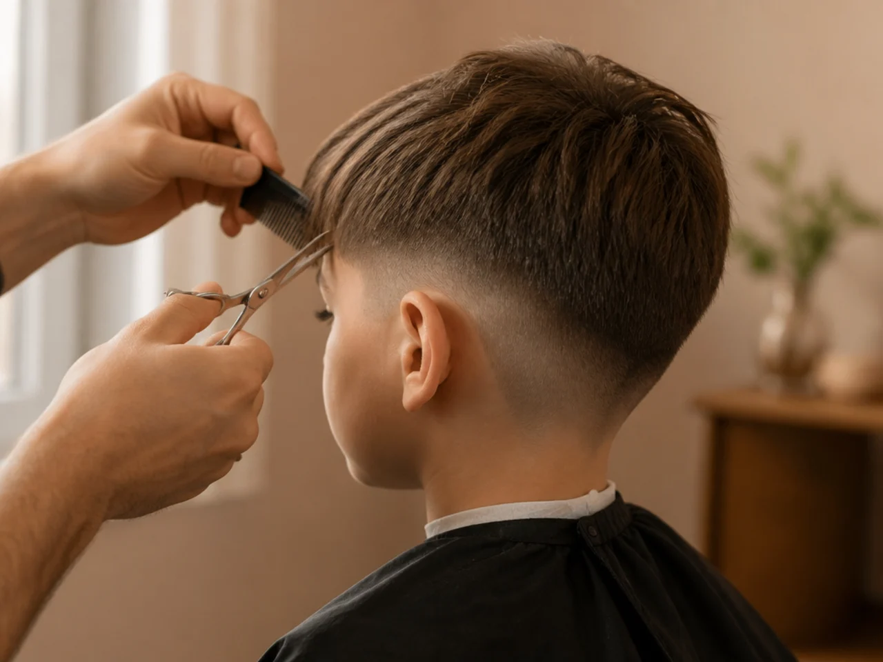 A boys fringe being trimmed above the eyebrow