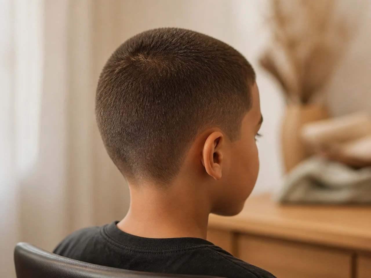 A boy with a number two cut all over the head