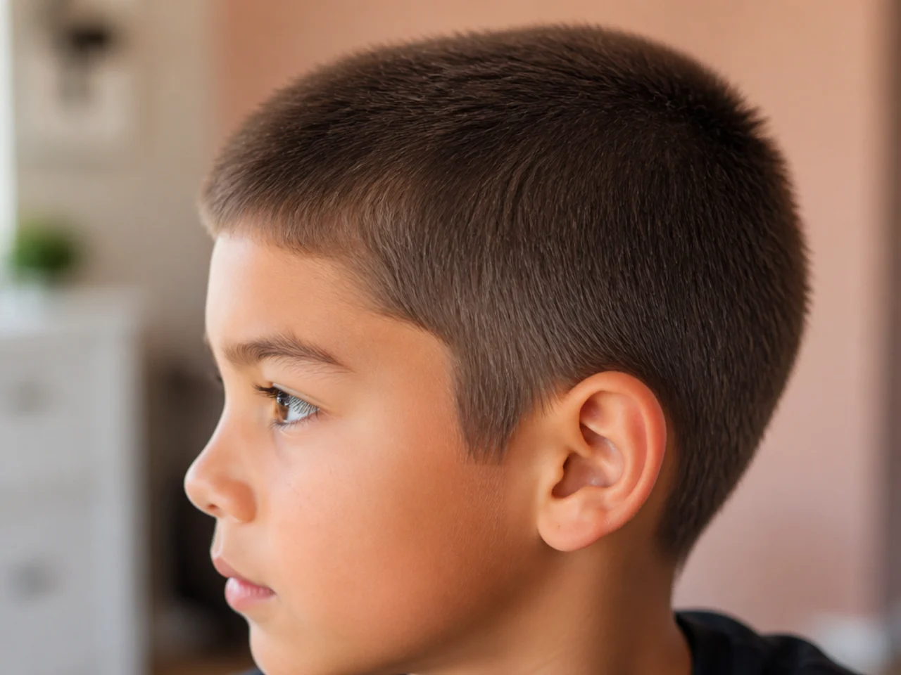 A boy with a number four all over cut