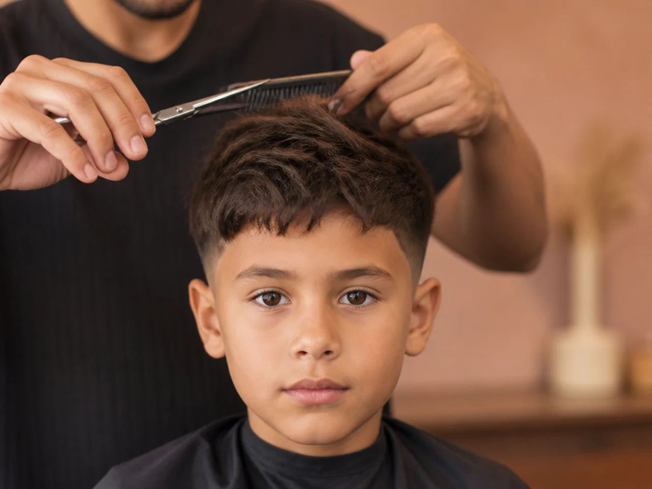 A textured crop being scissor cut over a comb