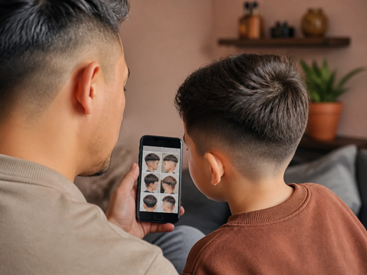 A parent looking at haircut photographs on a phone