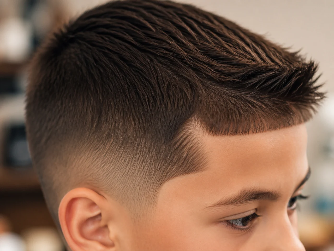 A cowlick at the side of a boys hairline