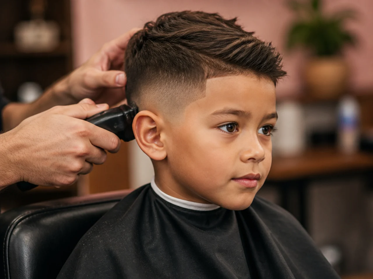 A boy in a barbers chair having a simple cut