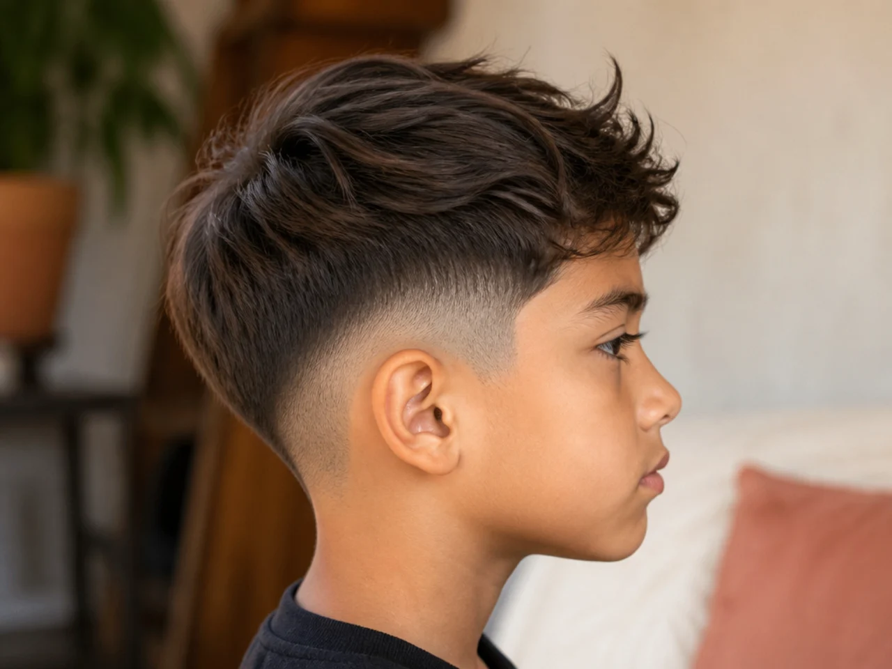 A boys haircut growing out into a longer soft shape