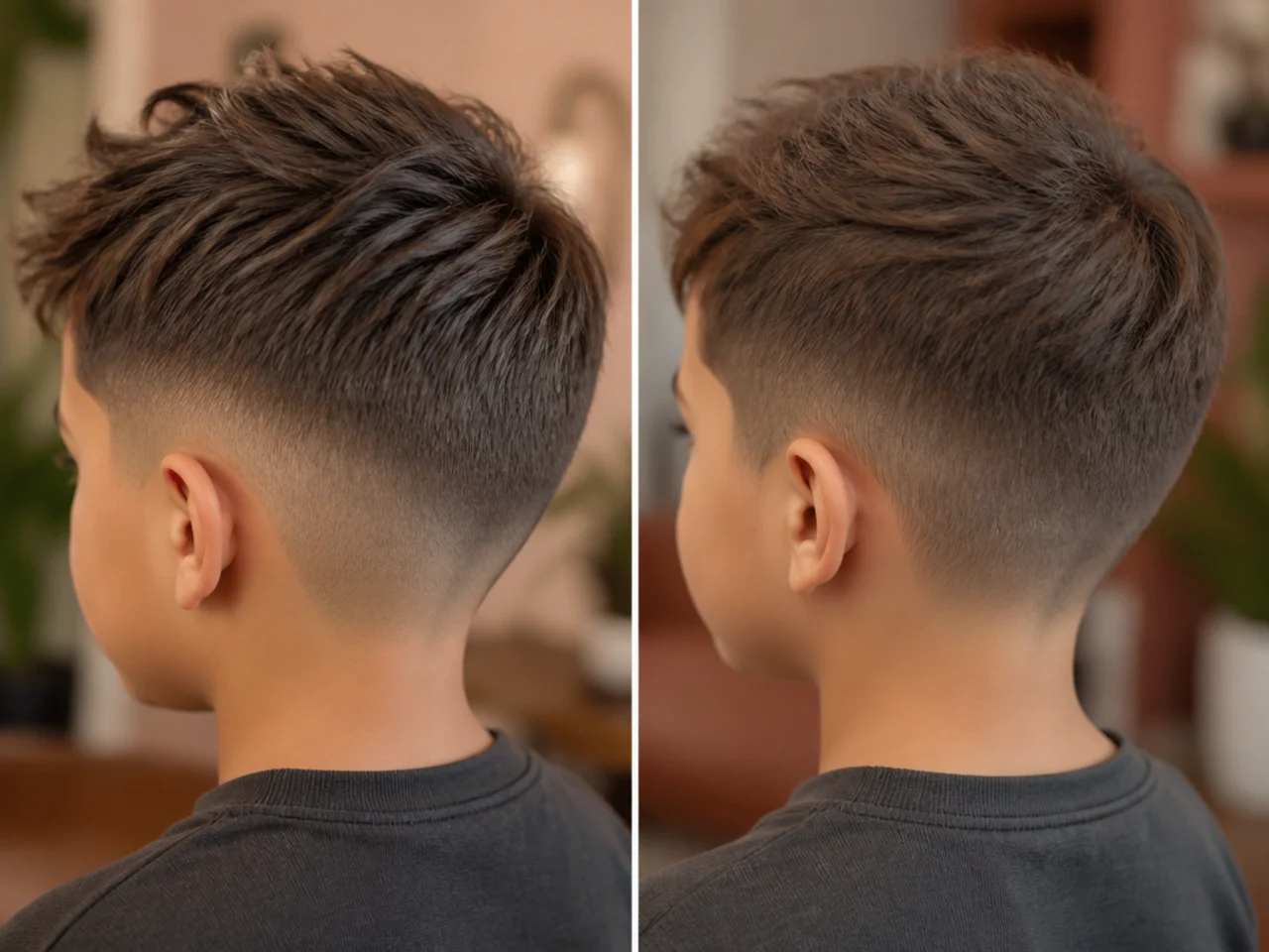 The same boys haircut shown fresh and at six weeks