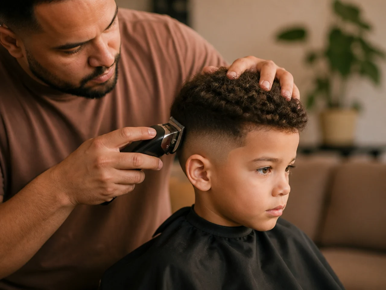 A parent cutting a boys hair with clippers at home