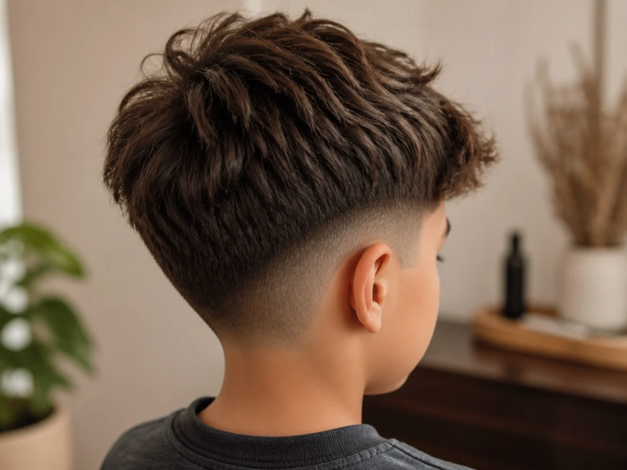 A boy with thick hair faded short at the sides