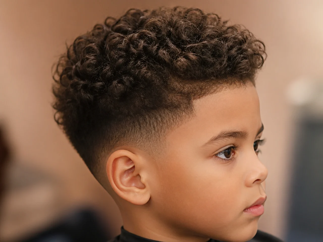A boy with curly hair and a soft taper at the sides