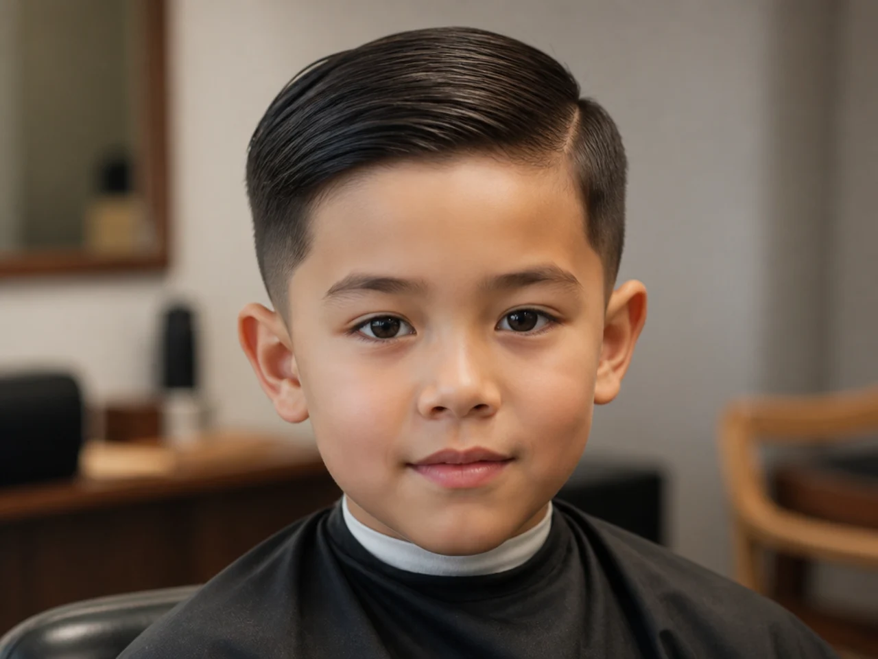 A boy with straight flat hair cut to one length at the sides