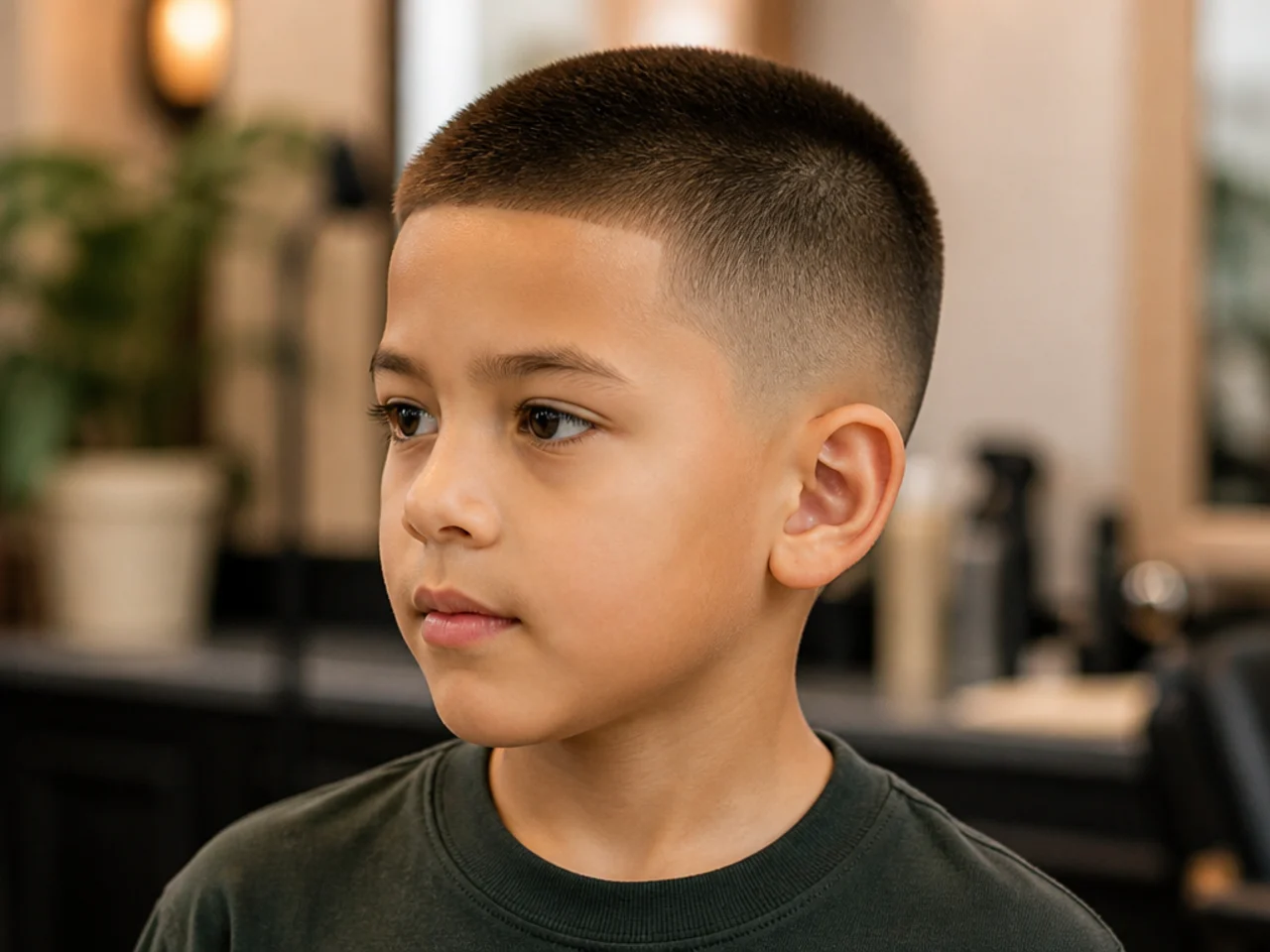 A boys haircut kept to a number two at the shortest point