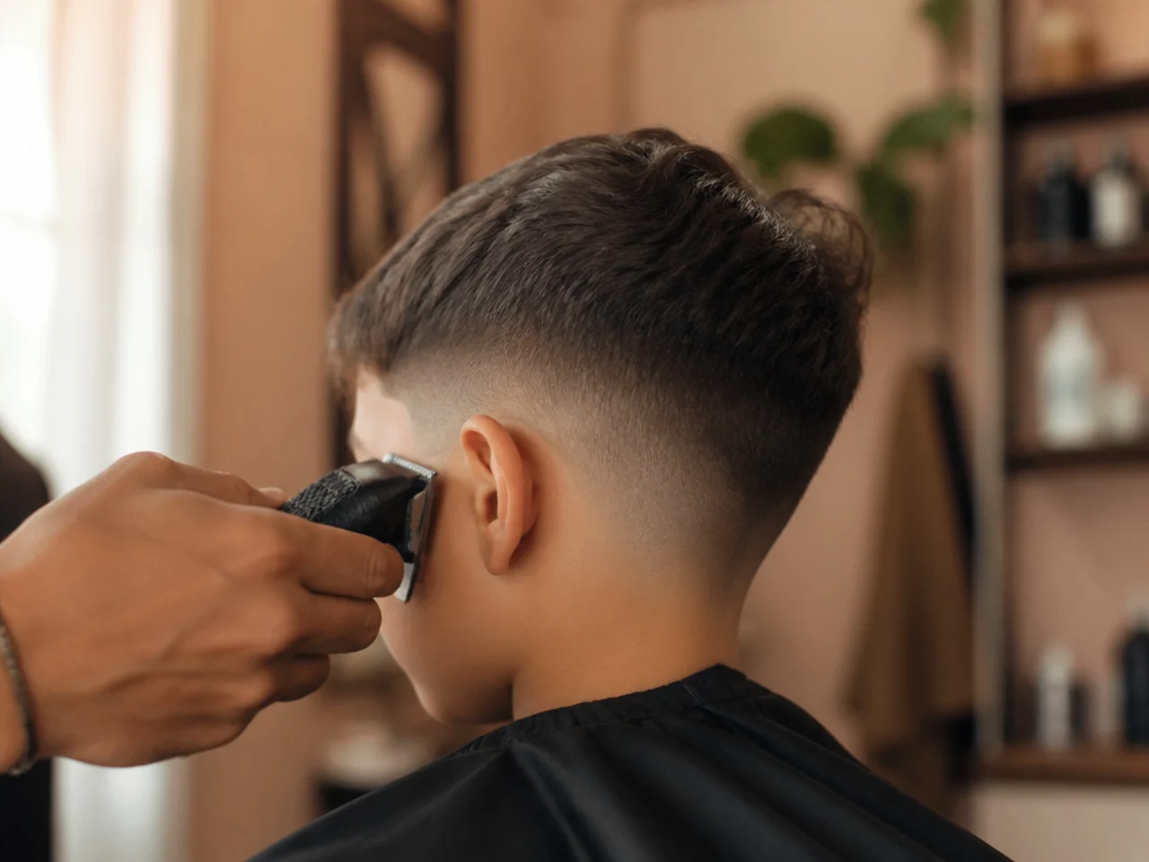 A boy in a barbers chair having the sides blended