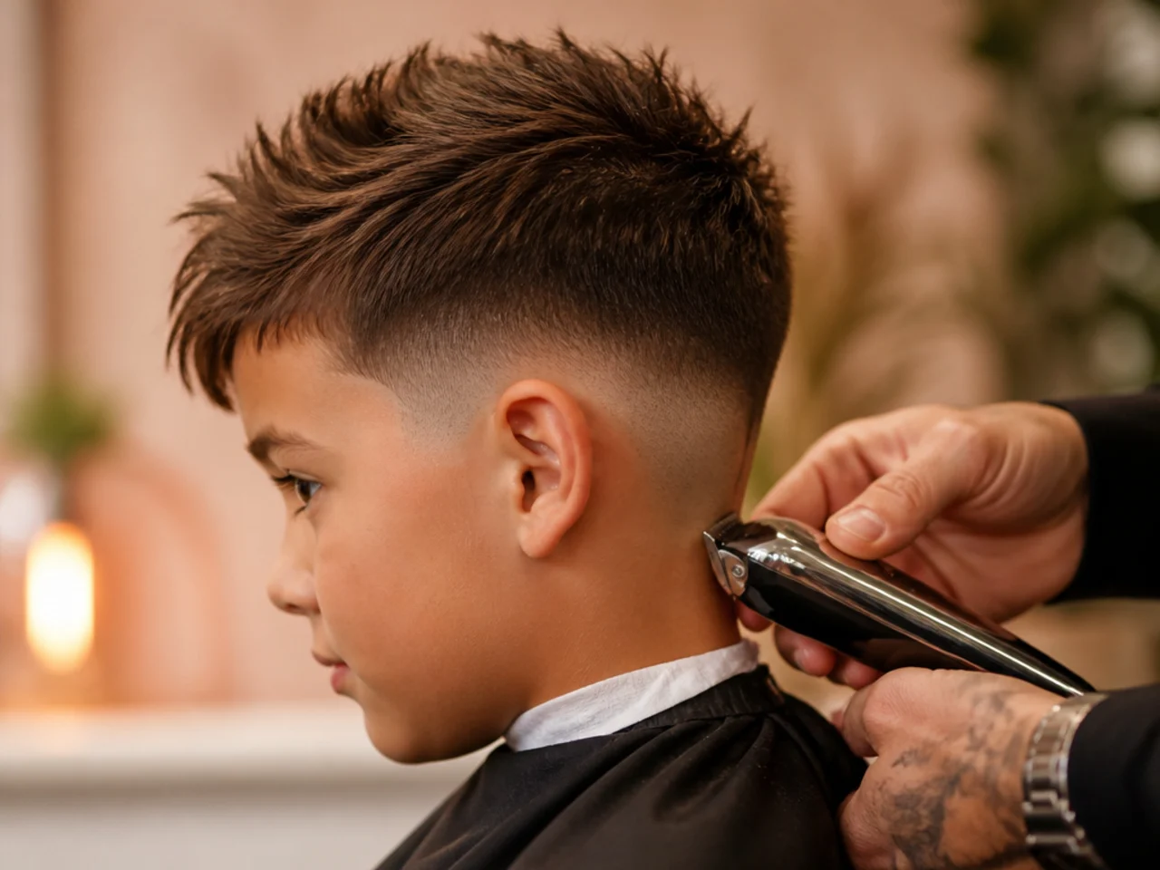 A barber tidying the neckline on a boys fade