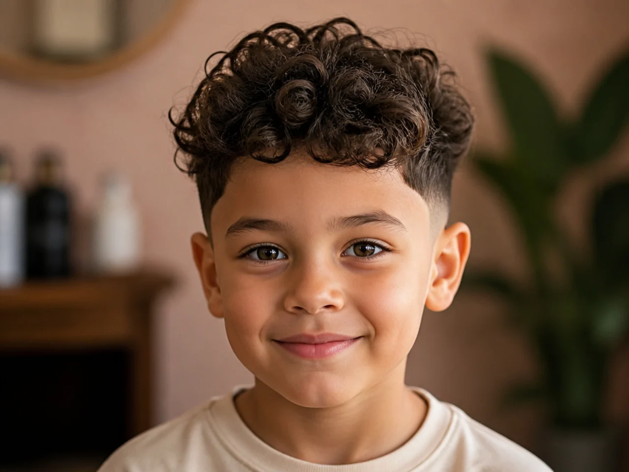A young boy with fine curls left long on top
