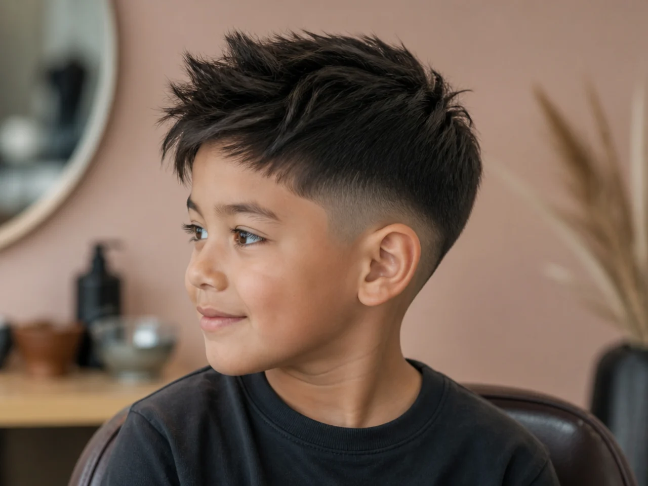 A young boy with a softly rounded neckline