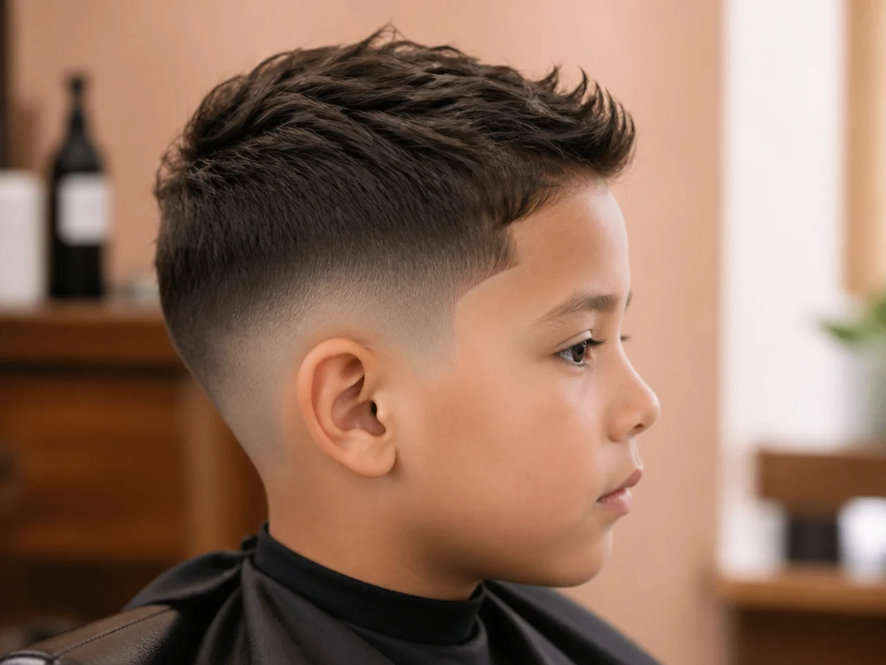 A young boy with a haircut shaped around a front cowlick