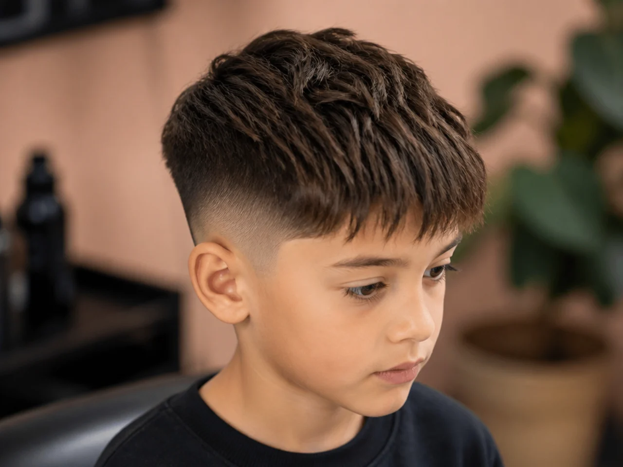 A young boy with a short crop falling forward