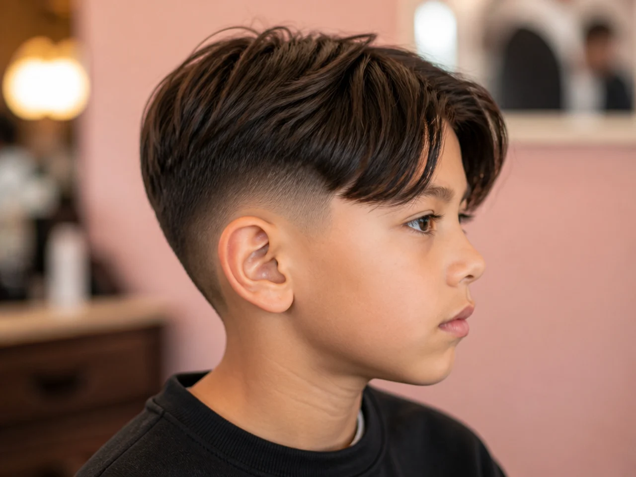 A young boy with curtain hair cut above the eyebrow