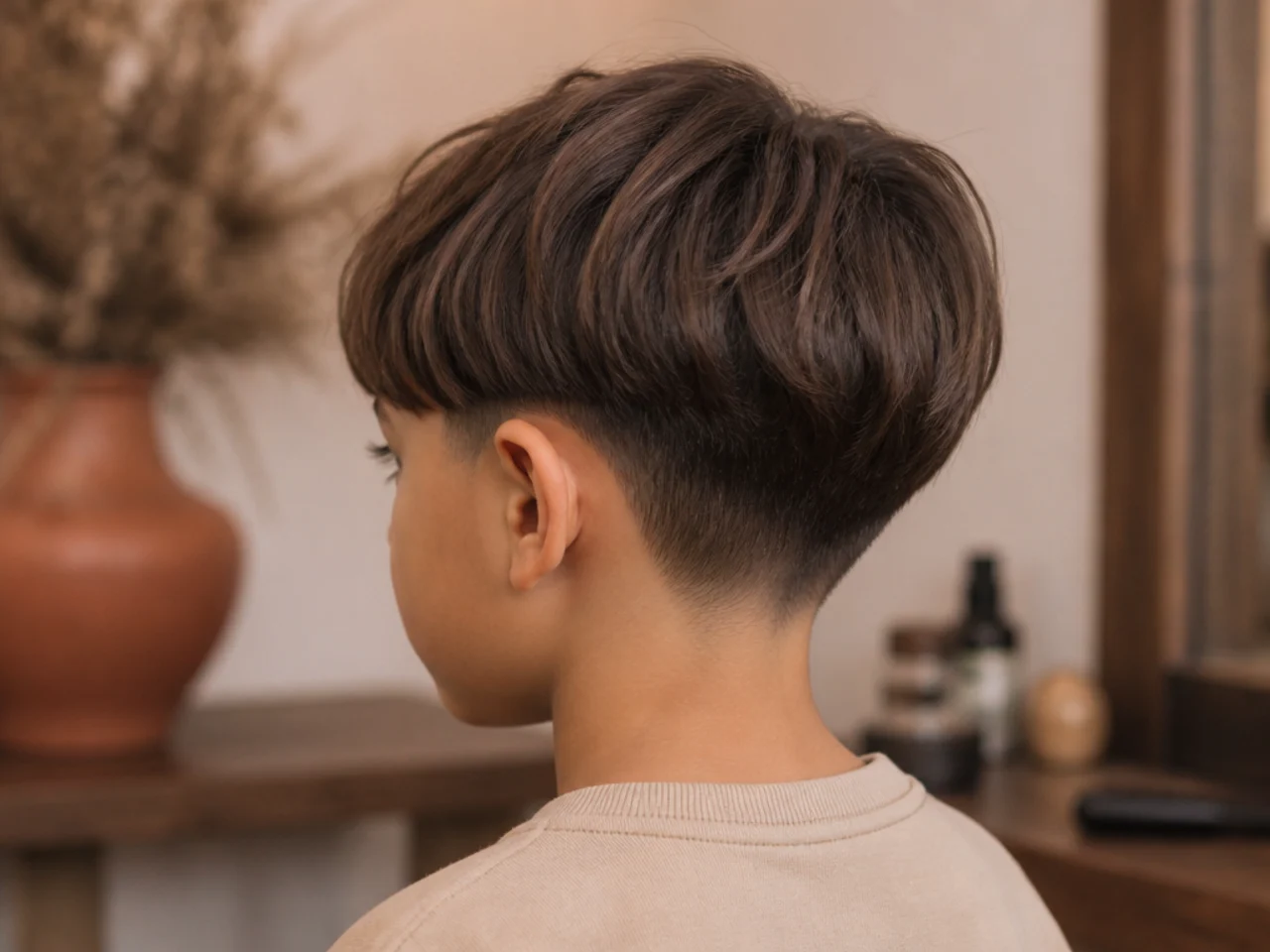 A young boy with a grown-out bowl cut and a soft edge