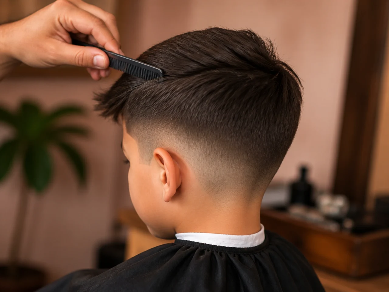 A young boy having his hair combed forward before a cut