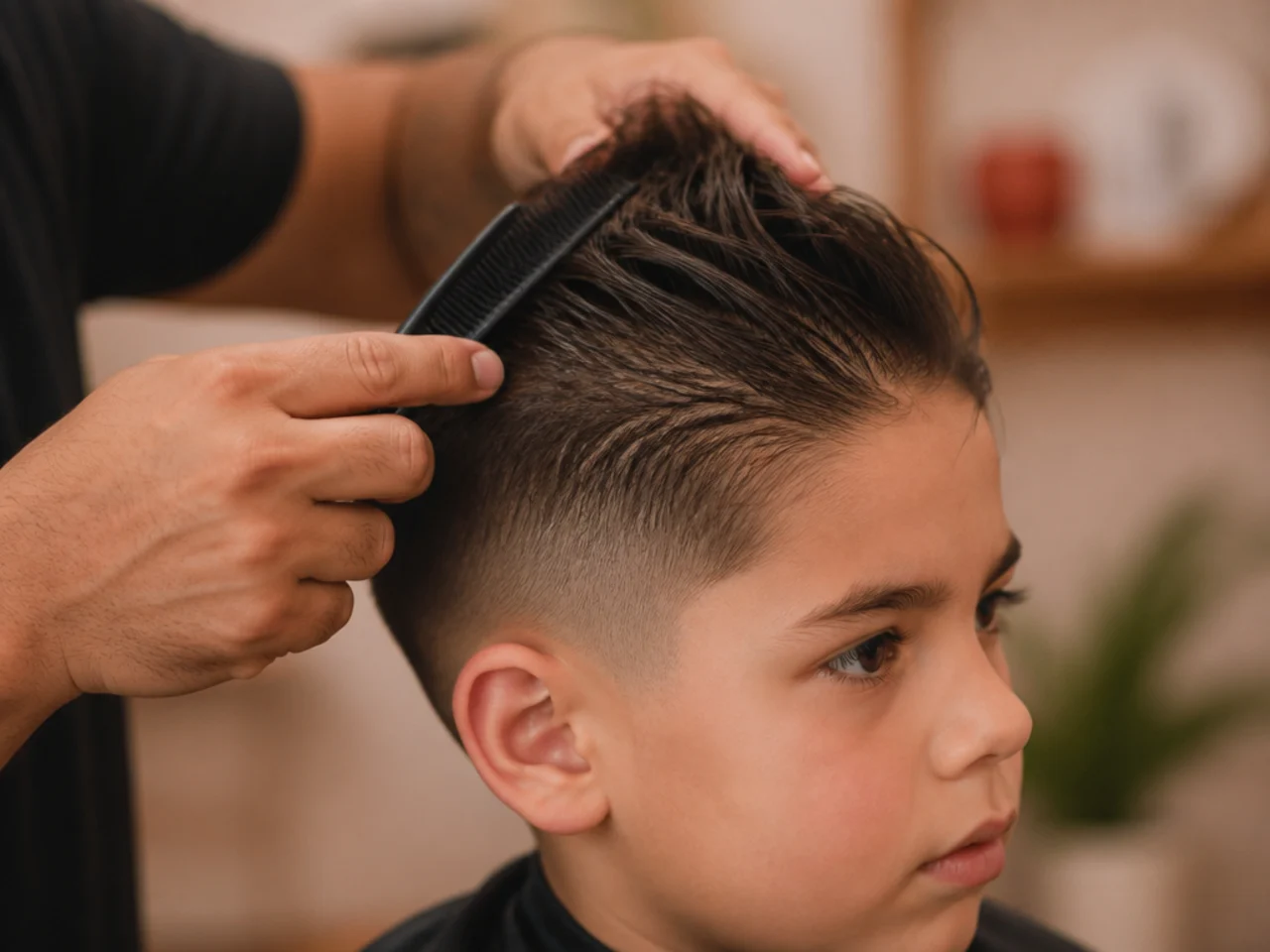 A parent combing a young boy's damp hair