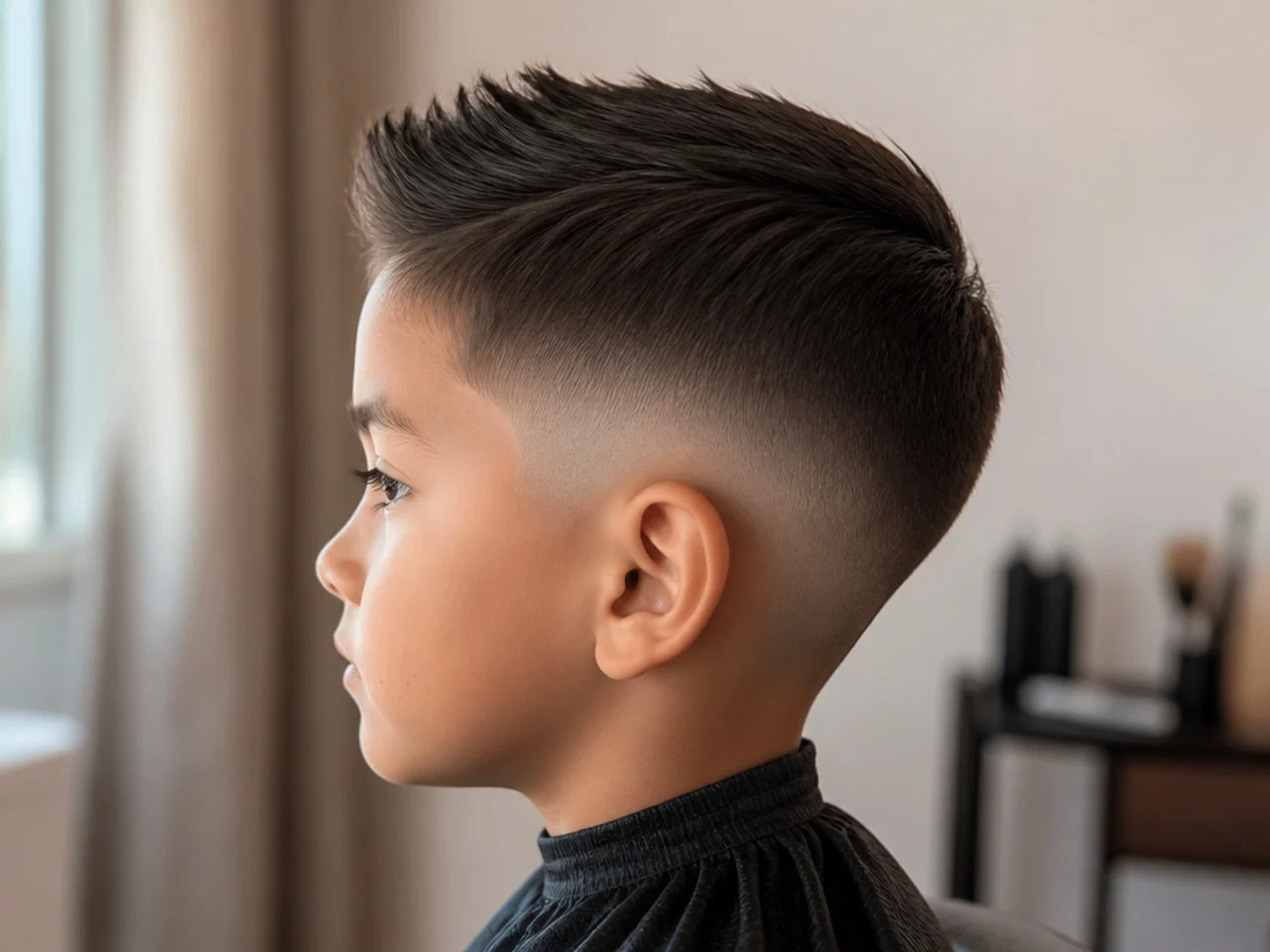 A young boy's haircut with soft tapered sides