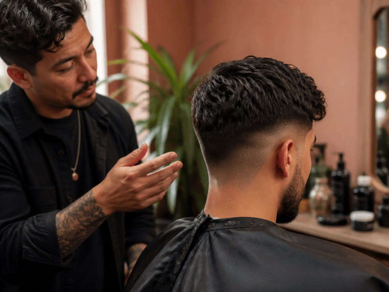 A barber discussing a current trend with a client