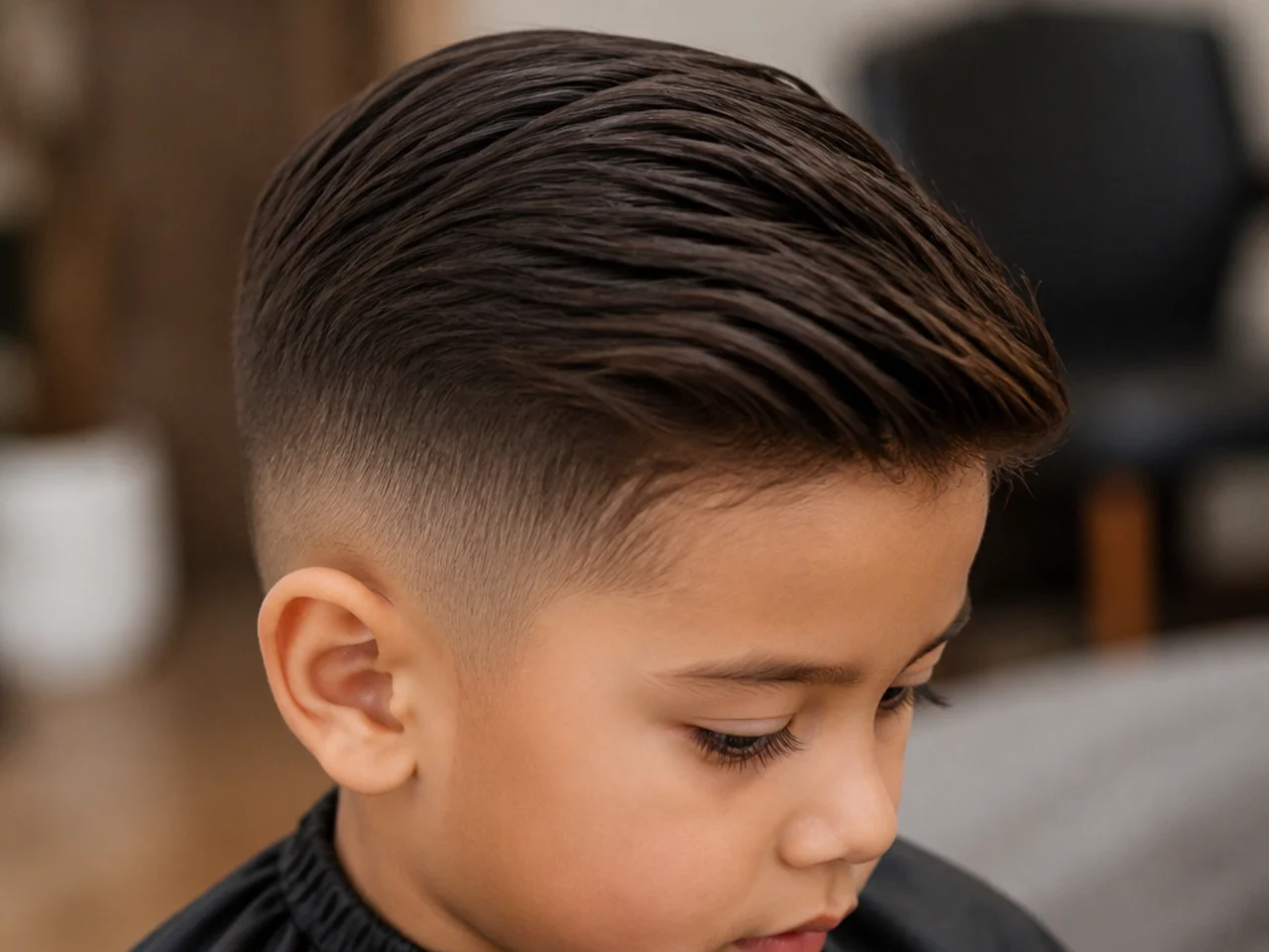 A toddler boy with hair swept to one side and soft sides