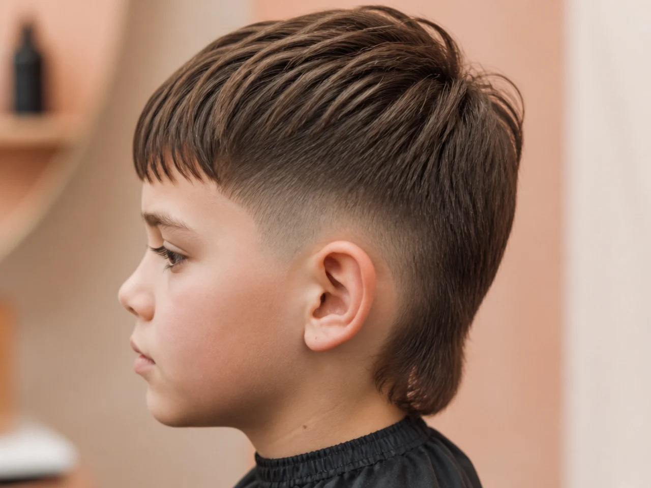 A toddler boy with a short straight fringe and longer back