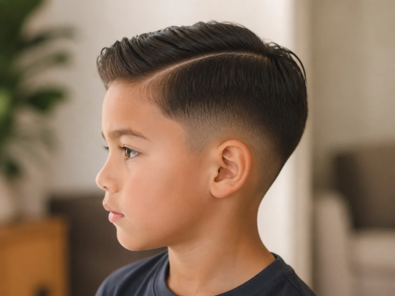 A toddler boy with a natural side parting