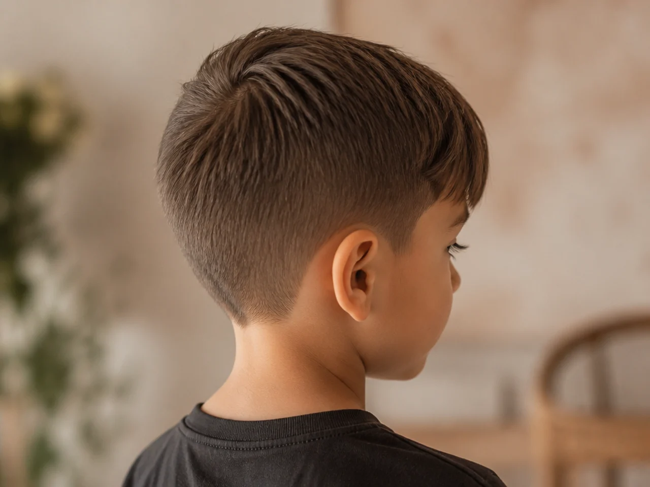 A toddler boy with an even short cut and a longer fringe