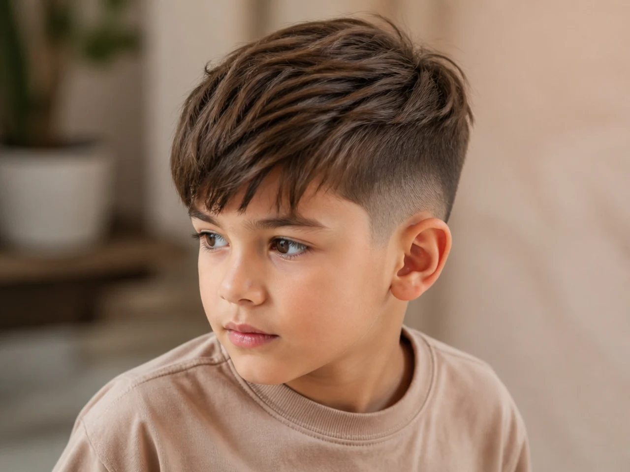 A toddler boy with hair brushed forward into a soft fringe