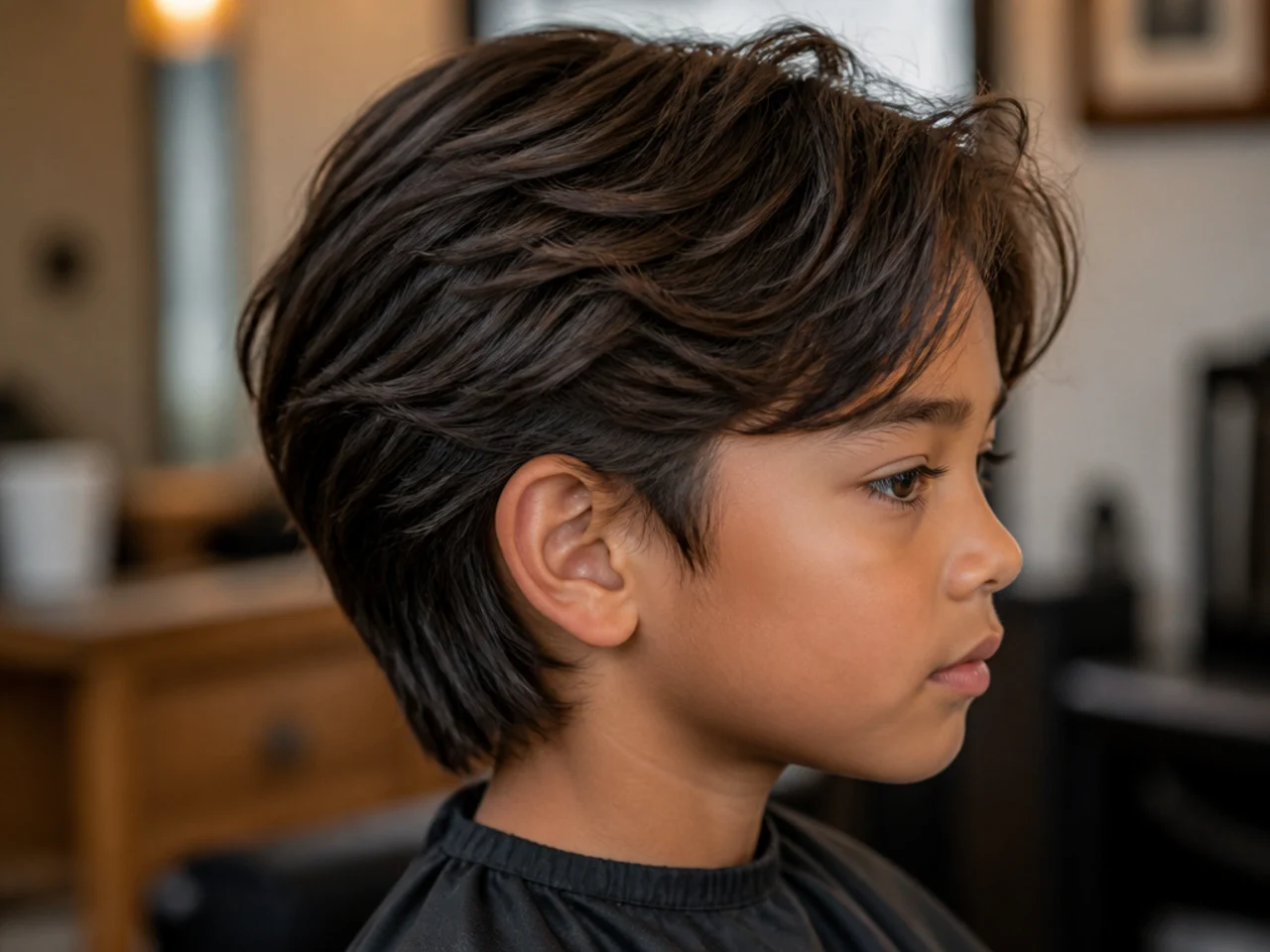 A toddler boy with long layered hair and ears cleared