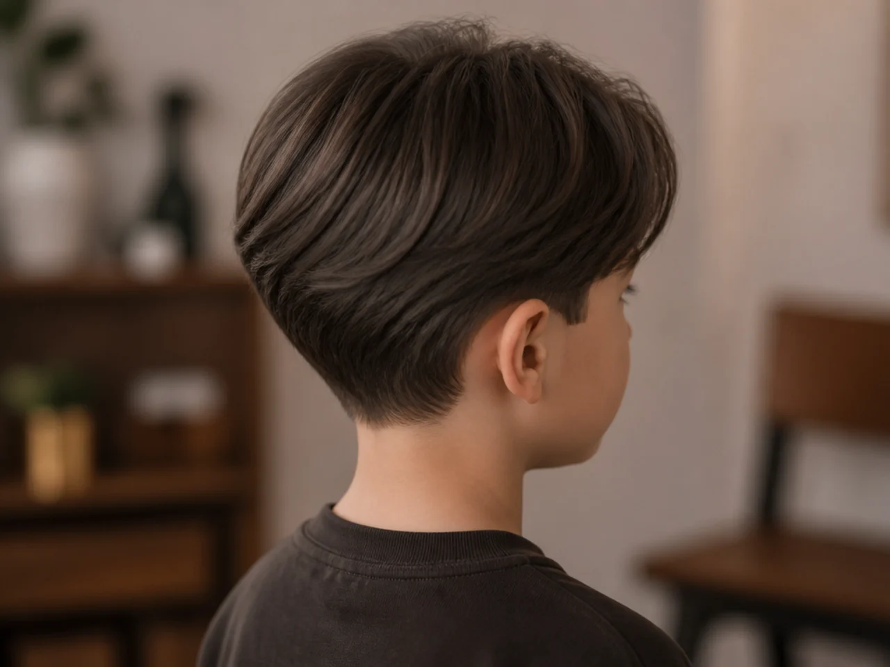 A toddler boy with soft curtains parted in the middle