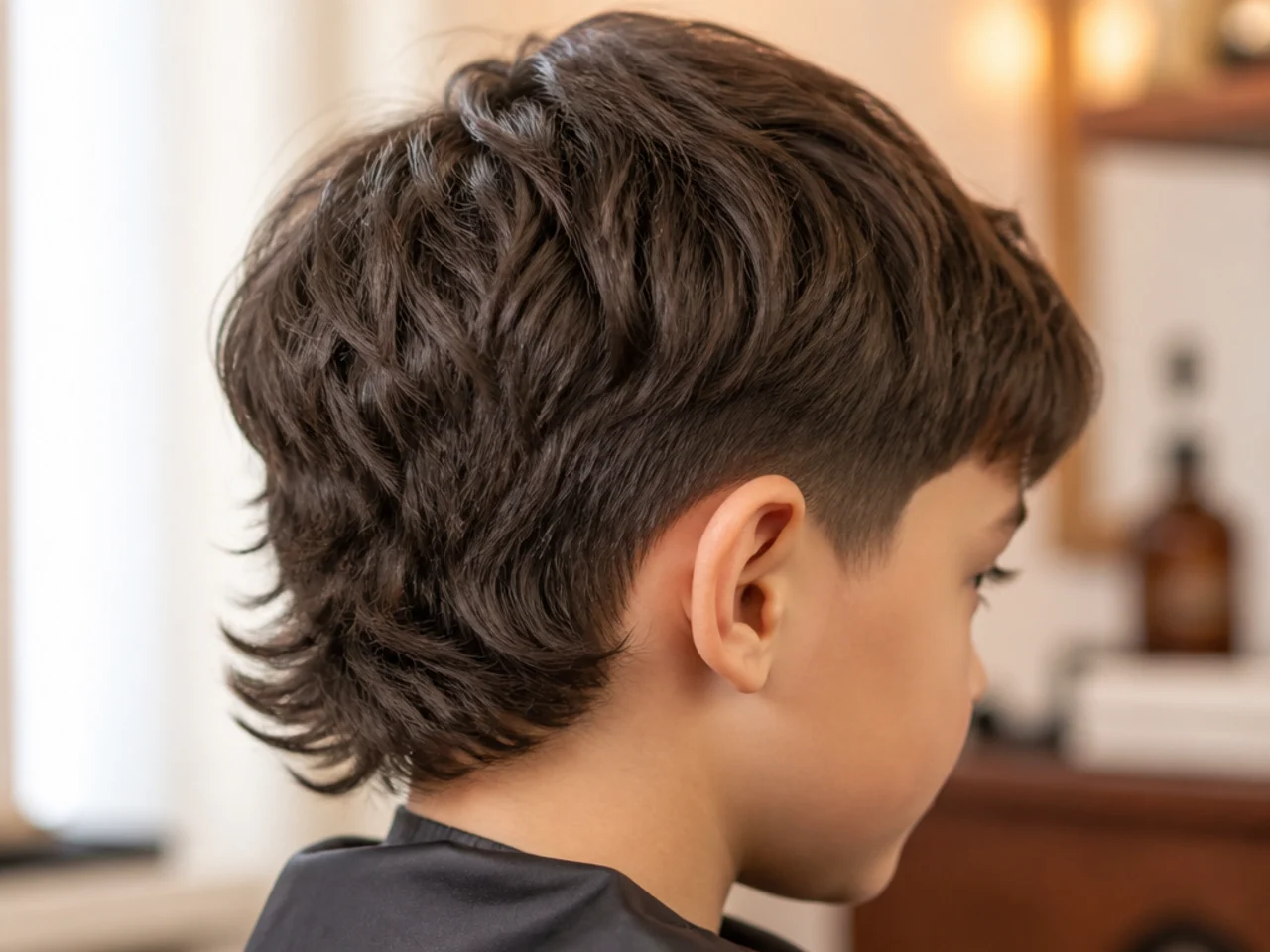 A toddler boy with a soft mullet and length at the back