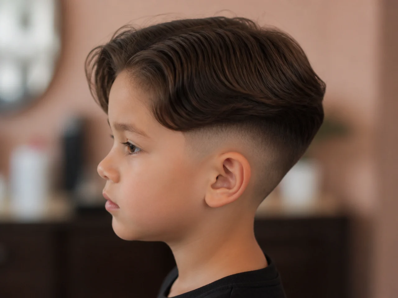 A toddler boy with a middle part and a natural hairline