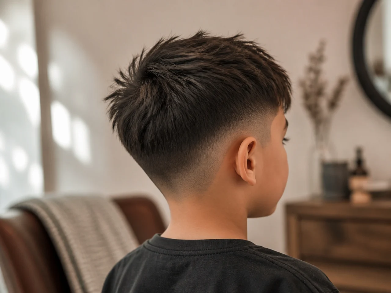 A toddler boy with a forward fringe cut softly across the front