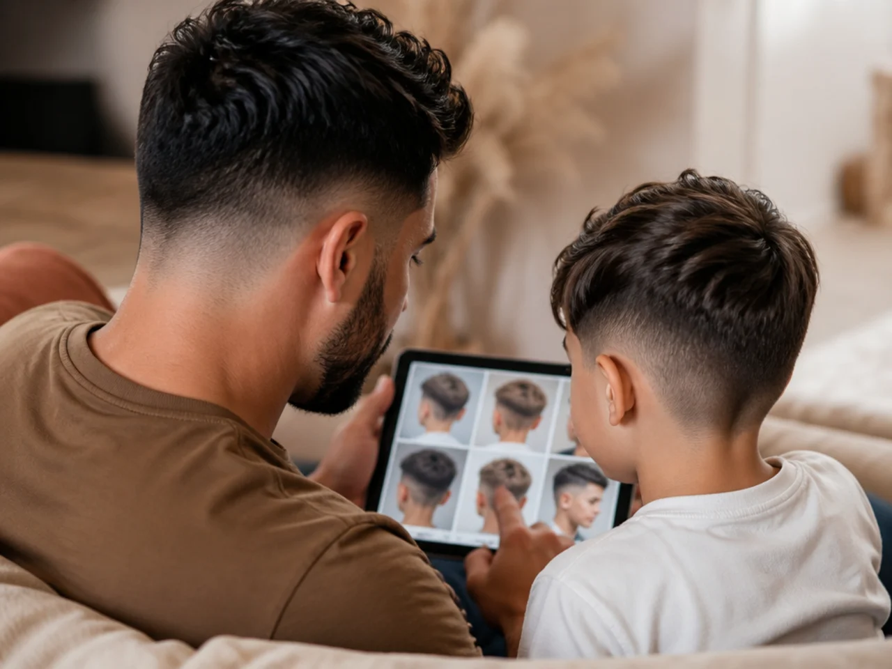 A parent and a toddler looking at haircut photos
