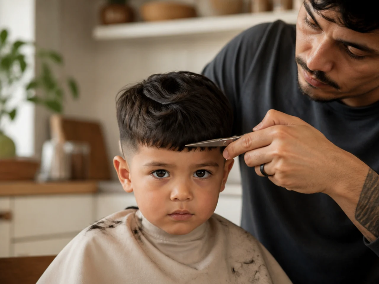A parent trimming a toddler's fringe at a kitchen table