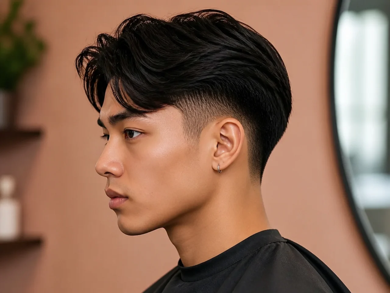 Two block comma paired with a low fade starting just above the ears on brown hair with a curled front