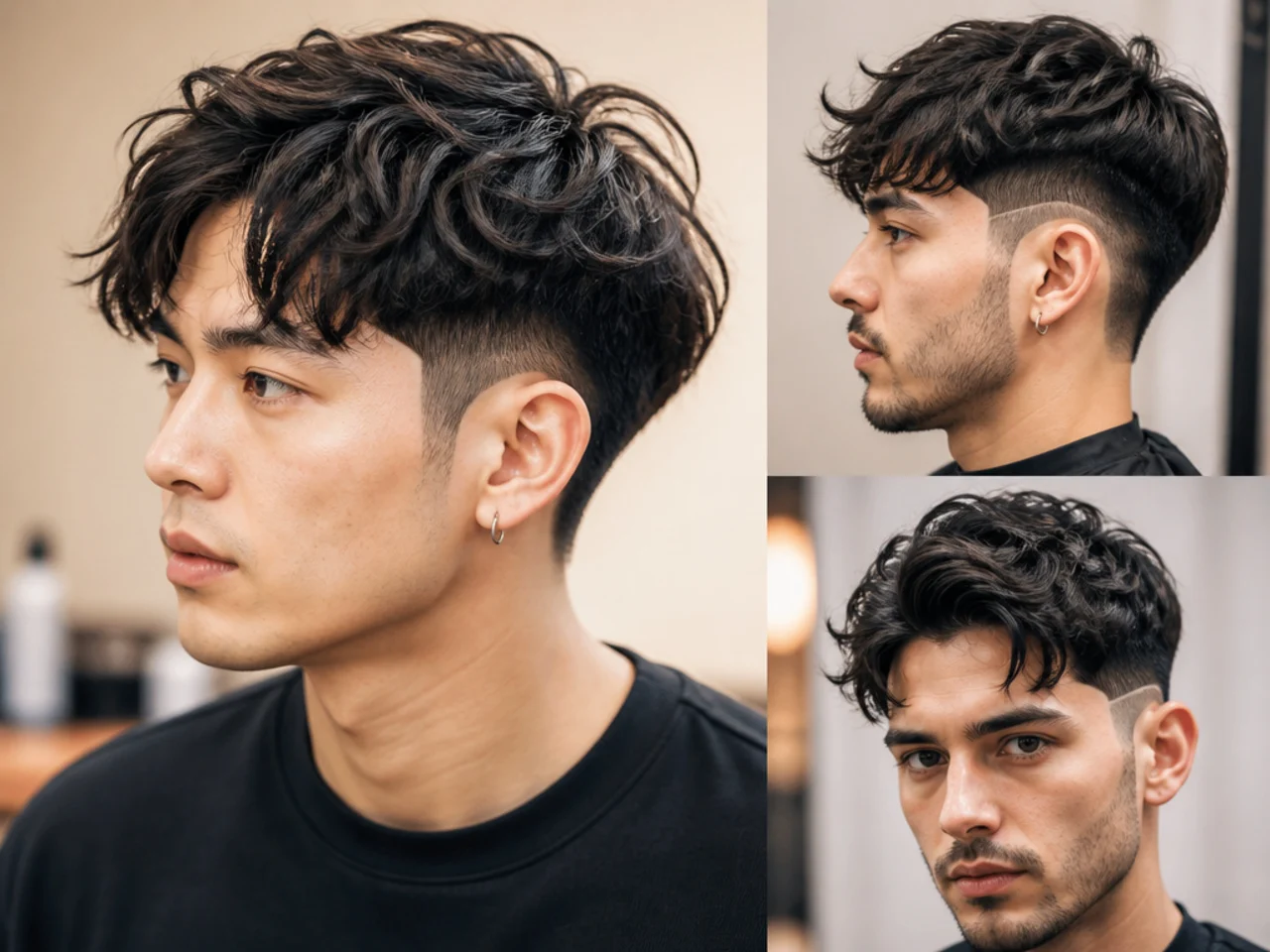 Two block comma with a sharp razor line-up along the hairline and temples framing the curled front