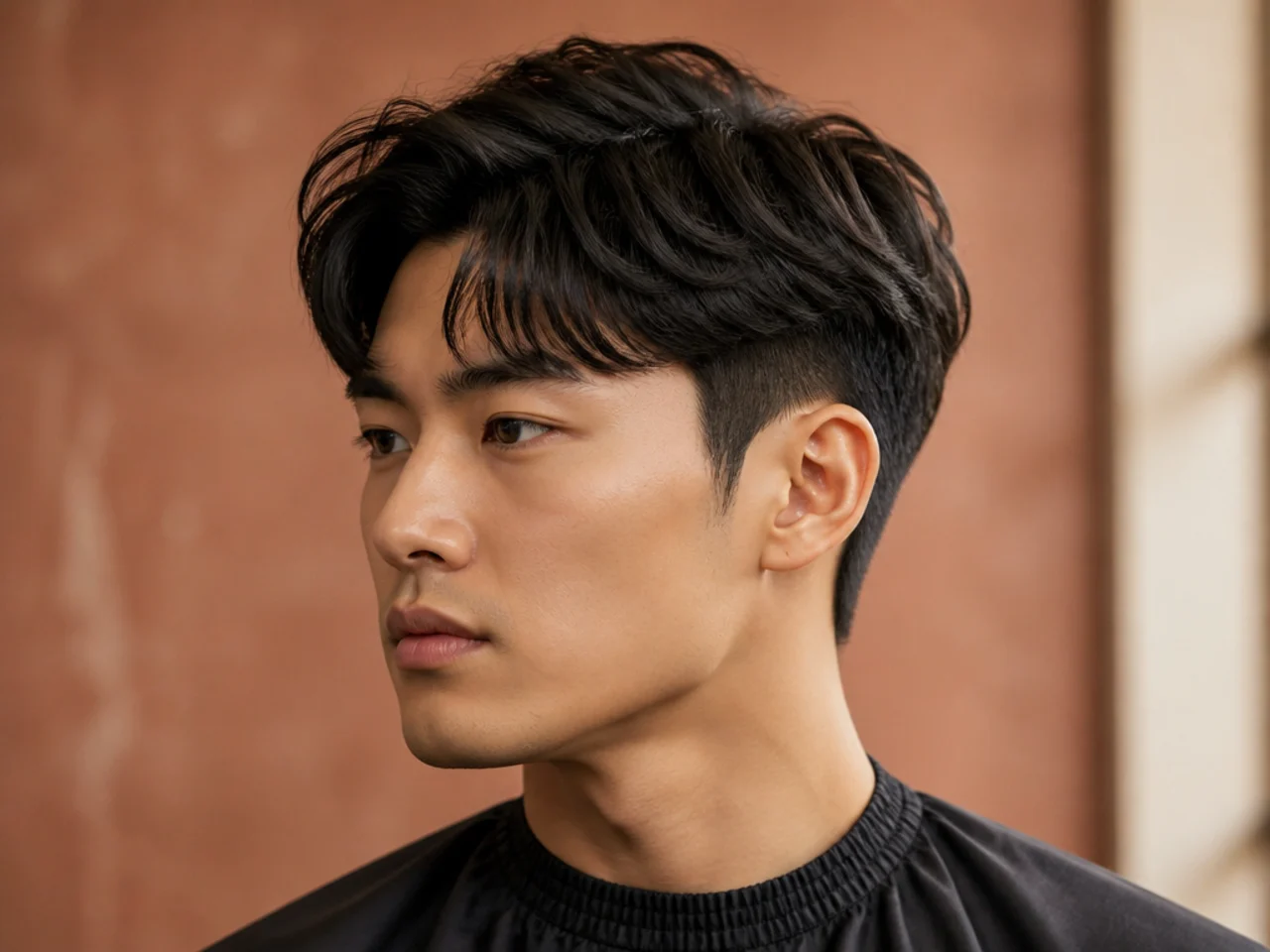 Short two block comma haircut with a two-inch top and small hooked comma front on hidden one-guard sides
