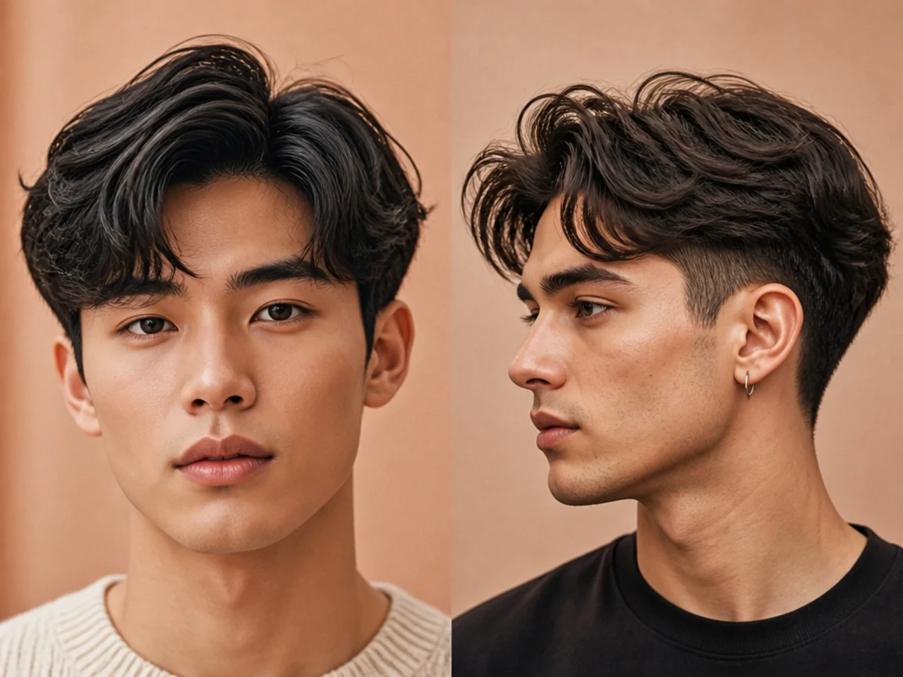 Volume two block comma with a lifted front curl and root height above hidden buzzed sides