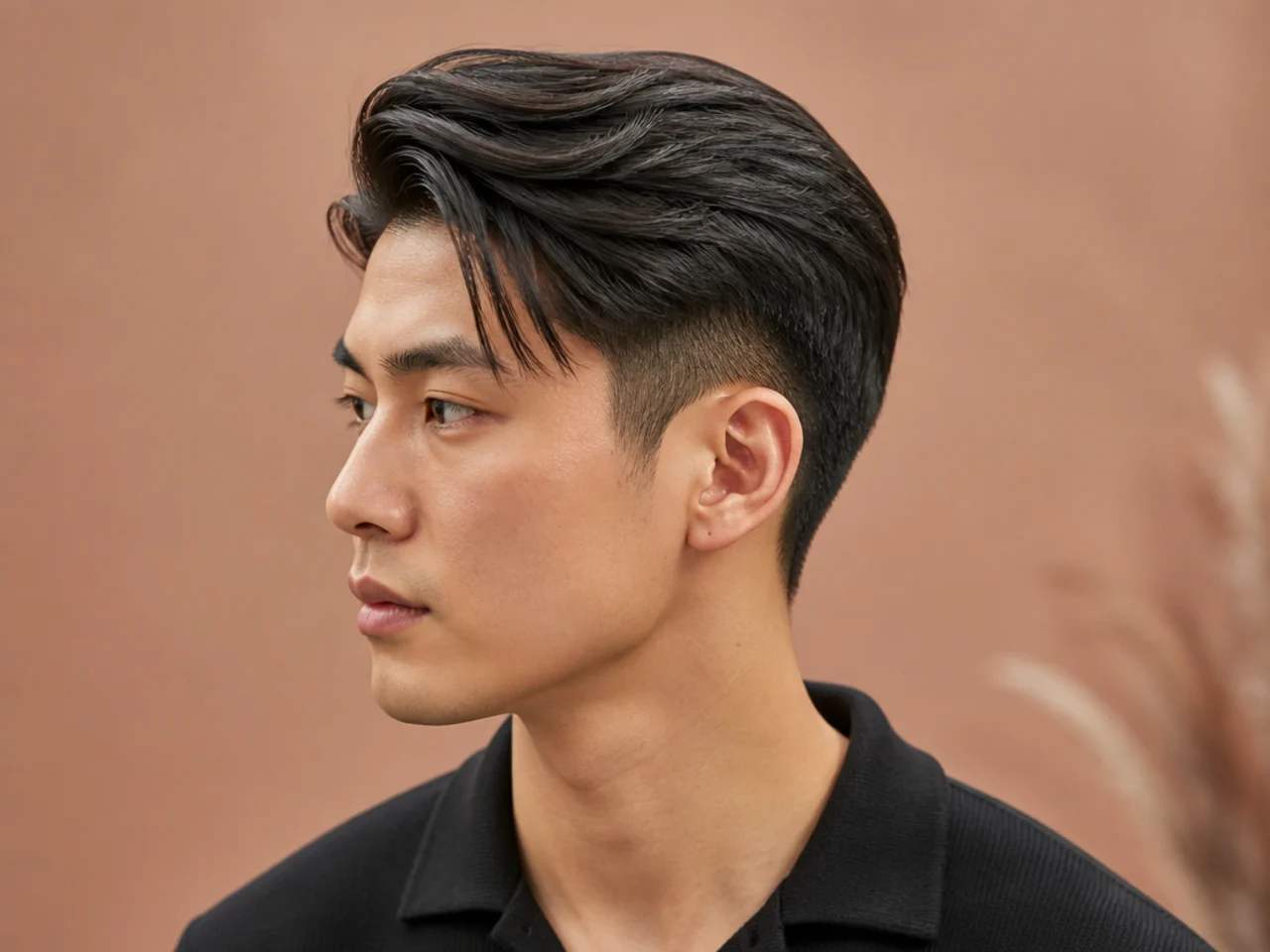 Sleek two block comma with pomade finish and a polished shiny curl front over hidden sides