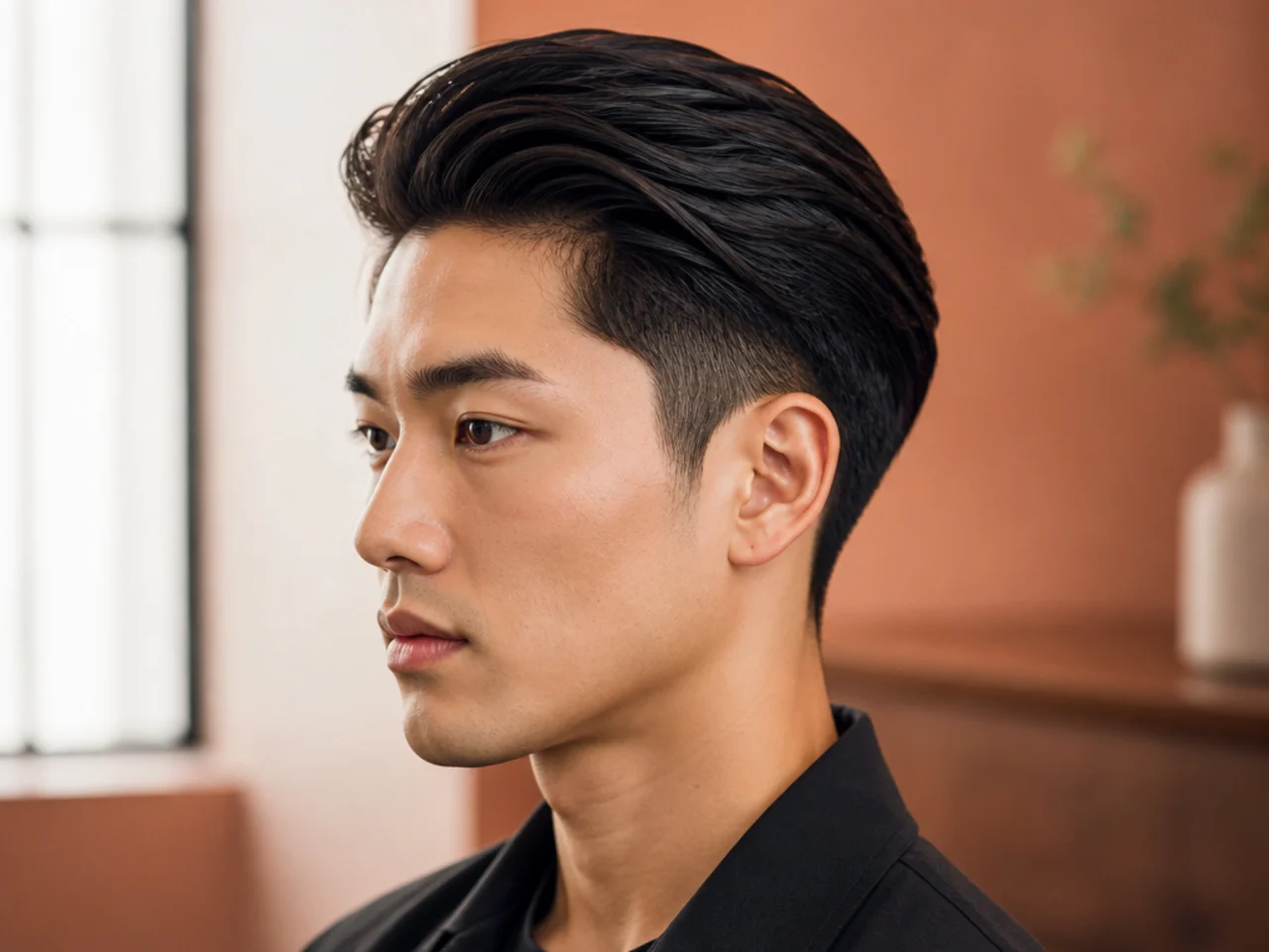 Slick-back two block comma with the top brushed back and a single small comma curl at the hairline